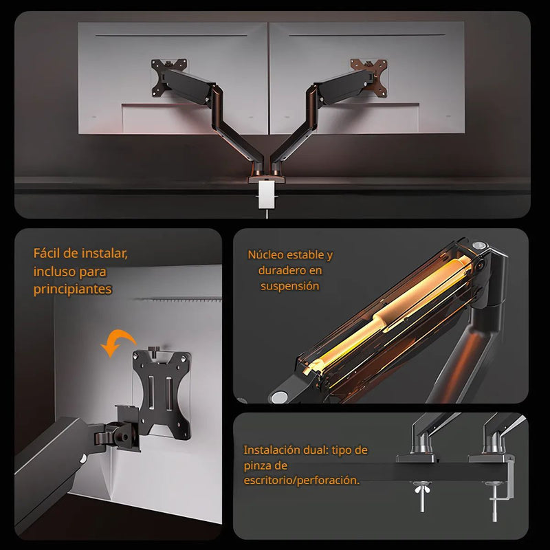 Soporte de Monitor computadora Doble con Rotación 360°. Brazo Ergonómico para Pantallas de hasta 32” con Montaje de Escritorio. Ideal para Oficina y Gaming.