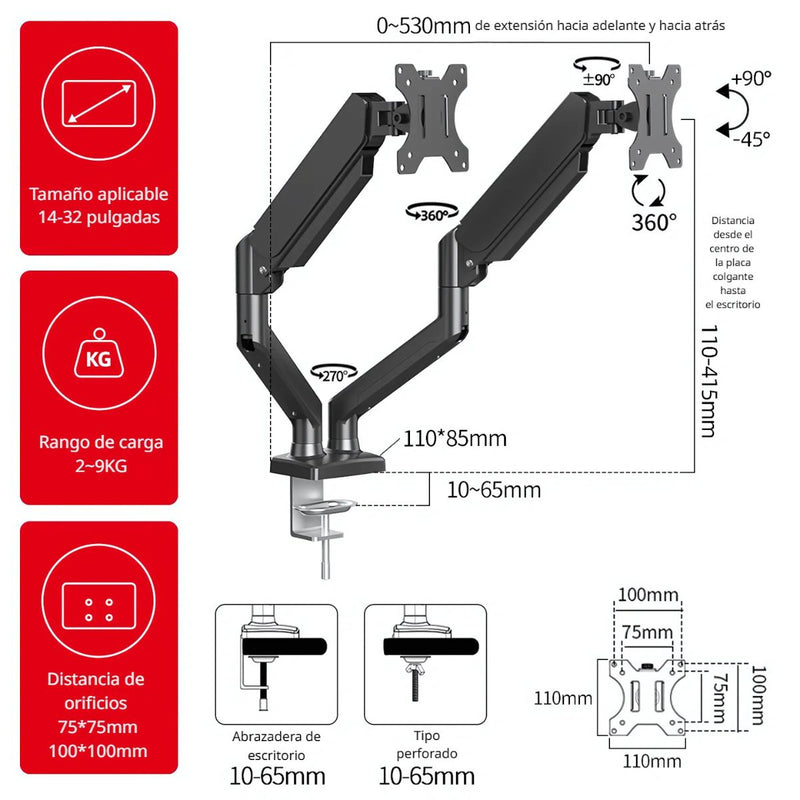 Soporte de Monitor computadora Doble con Rotación 360°. Brazo Ergonómico para Pantallas de hasta 32” con Montaje de Escritorio. Ideal para Oficina y Gaming.
