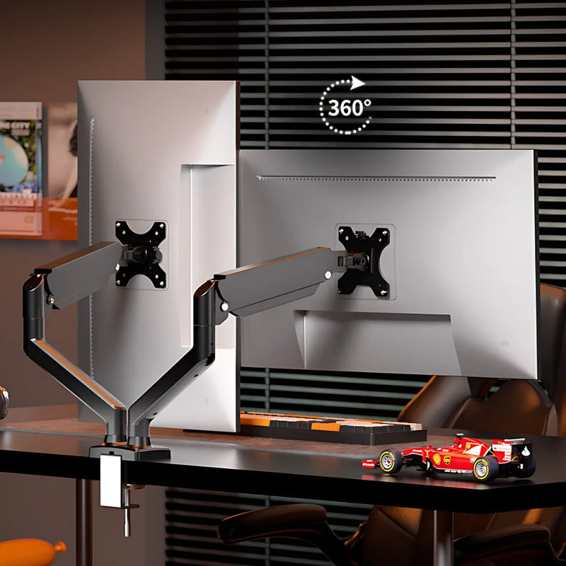 Soporte de Monitor computadora Doble con Rotación 360°. Brazo Ergonómico para Pantallas de hasta 32” con Montaje de Escritorio. Ideal para Oficina y Gaming.