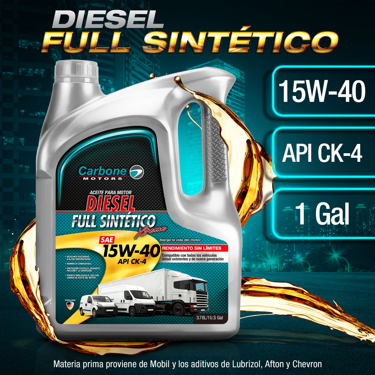 ACEITE DE MOTOR 15W-40 SAE API CK-4 FULL SINTETICO PARA MOTORES DIESEL ( 1 GALON )