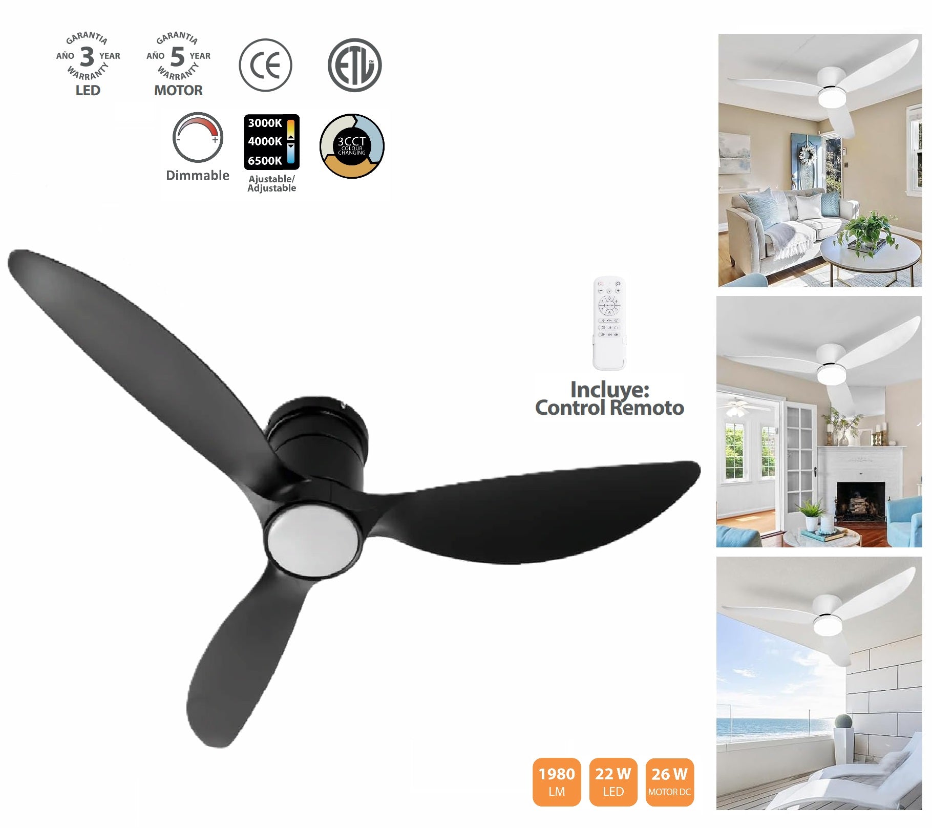 Abanico de Techo Ventilador LED Negro  CCT 22W 1320mm. Funcional y elegante control dimiable