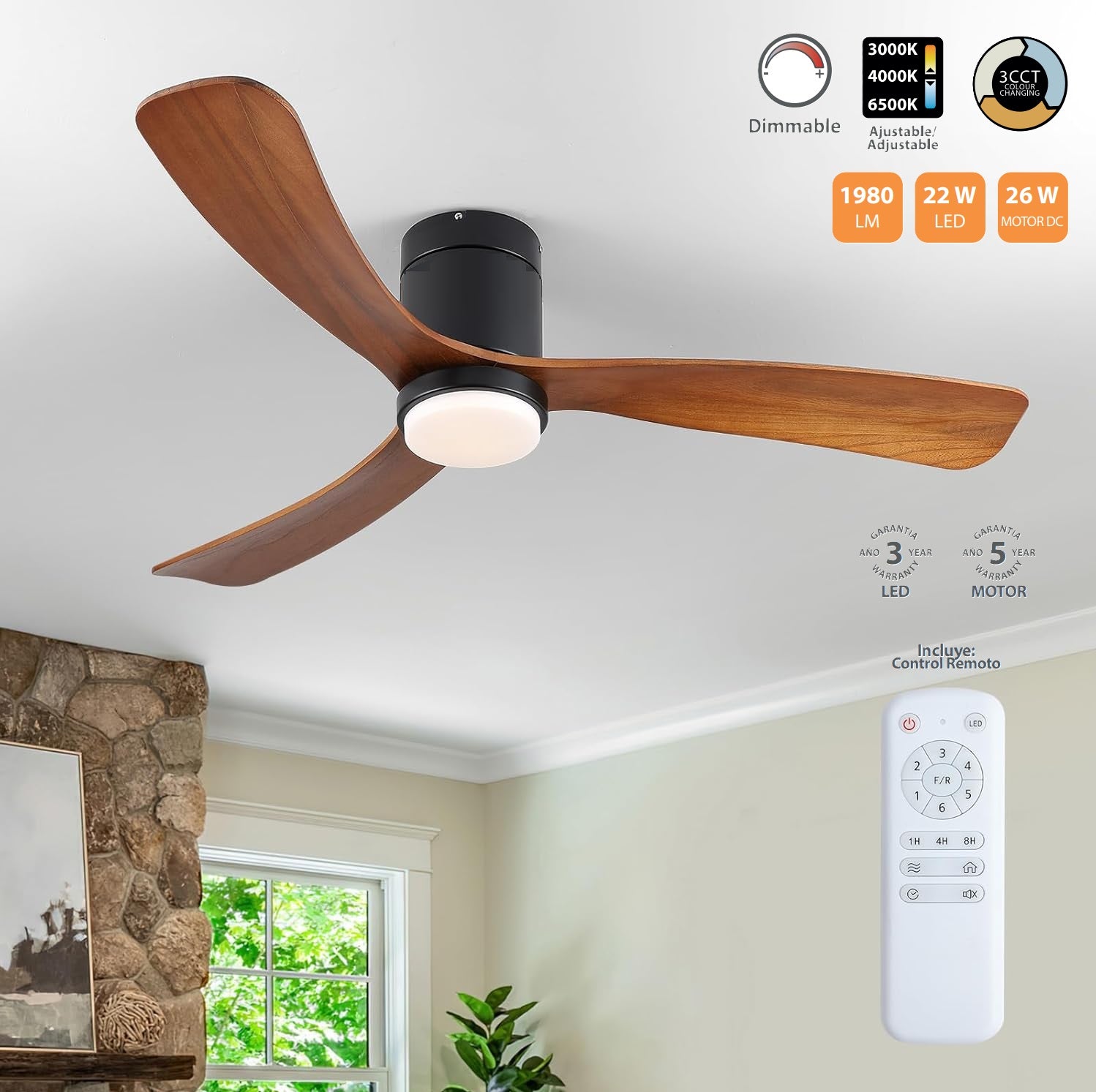 Abanico de techo ventilador LED negro madera CCT 22W  1320mm. Funcional y elegante control dimiable