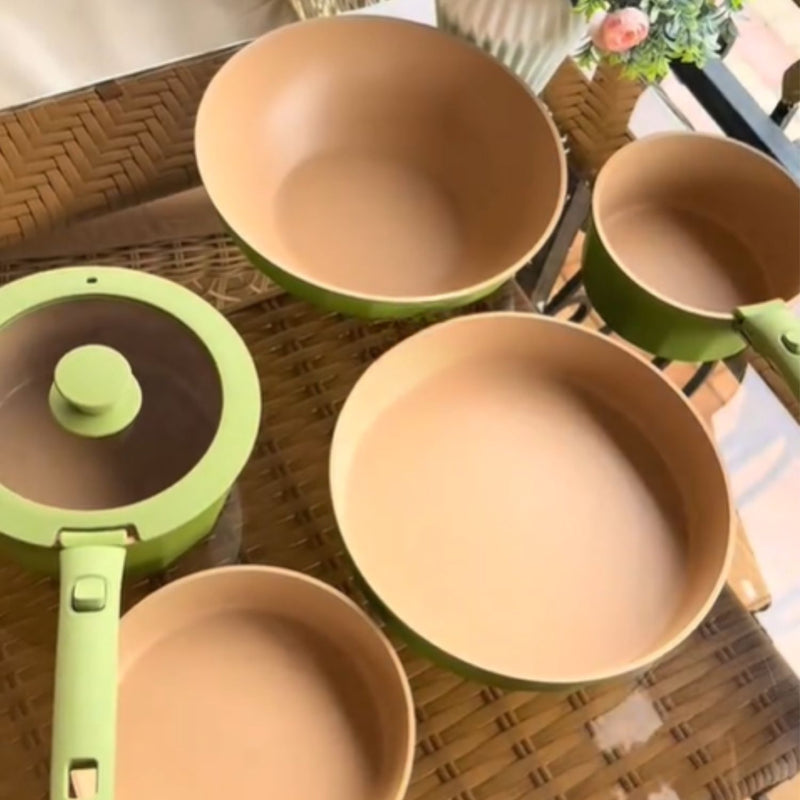 Ollas y Sartenes de cocina antiadherente con Mango Desmontable  9 piezas de aluminio. Sartenes, wok y cacerolas con tapas. Set de Cocina