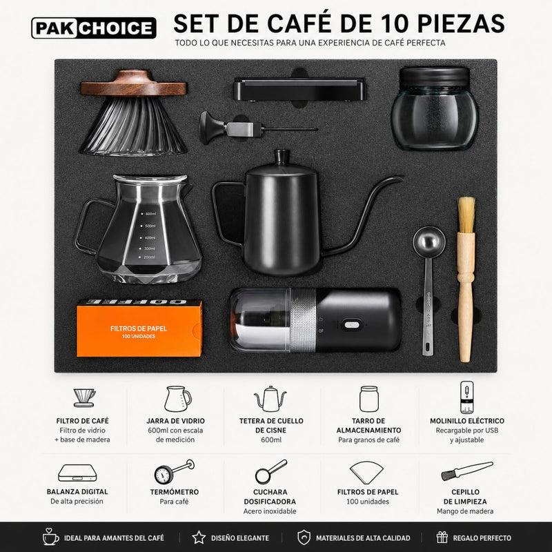Café por Goteo de Vertido Manual (Drip Coffee) Con Molinillo Eléctrico. Kit Barista Pour-Over de 10 Piezas. Café de Especialidad. Specialty Coffee.