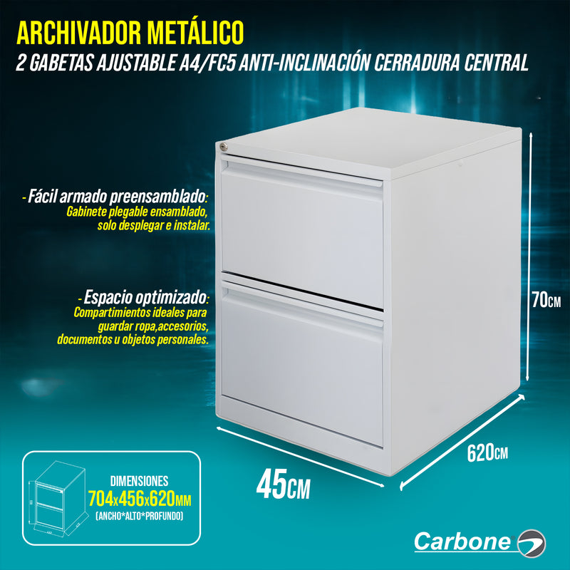 Archivador metalico 2 gabetas ajustable A4/FC5 anti-inclinación cerradura central 704x456x620mm