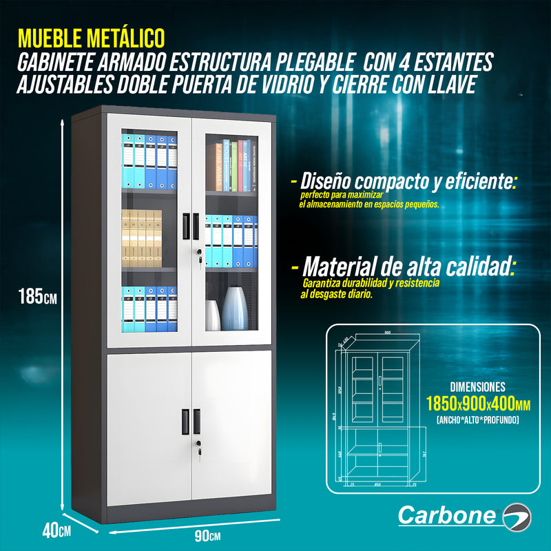 Mueble metalico Gabinete armado estructura plegable cuatro puertas dos repisas superiores una inferior 1850x900x400mm