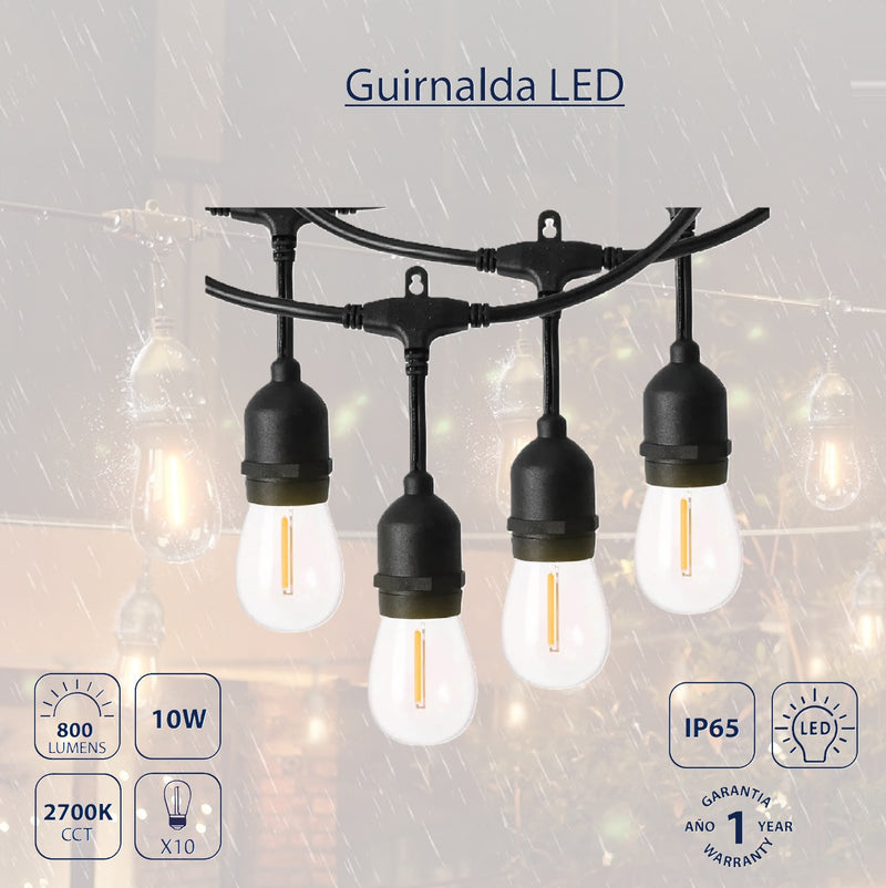 Guirnalda LED luces 10M 27K 110V Exterior Interior Focos E27. Conexión continua hasta 30 SET (300mL)