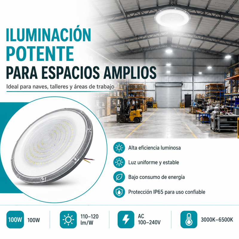 Lámpara LED UFO Industrial 100W IP65 3000K-6500K Para Bodega Galera Taller Comercio Y Centros Comerciales (360x290x76mm). Color Gris