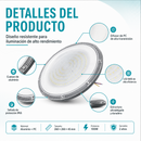 Lámpara LED UFO Industrial 100W IP65 3000K-6500K Para Bodega Galera Taller Comercio Y Centros Comerciales (360x290x76mm). Color Gris