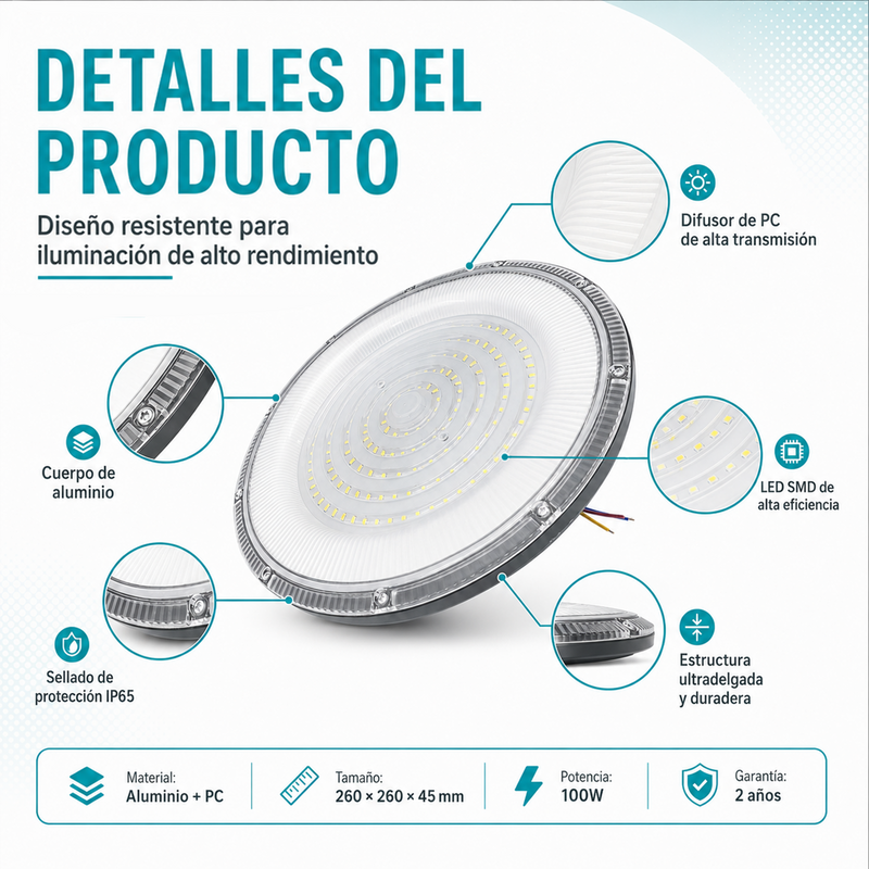 Lámpara LED UFO Industrial 100W IP65 3000K-6500K Para Bodega Galera Taller Comercio Y Centros Comerciales (360x290x76mm). Color Gris