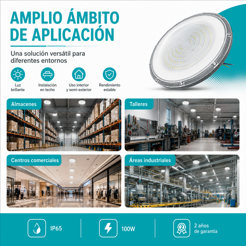 Lámpara LED UFO Industrial 100W IP65 3000K-6500K Para Bodega Galera Taller Comercio Y Centros Comerciales (360x290x76mm). Color Gris