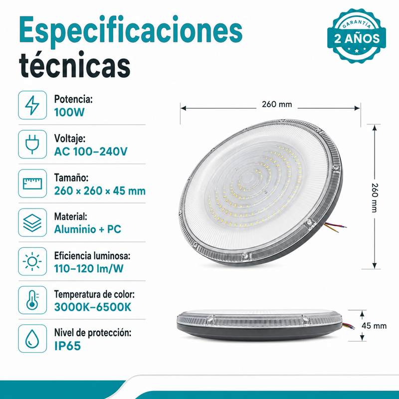 Lámpara LED UFO Industrial 100W IP65 3000K-6500K Para Bodega Galera Taller Comercio Y Centros Comerciales (360x290x76mm). Color Gris