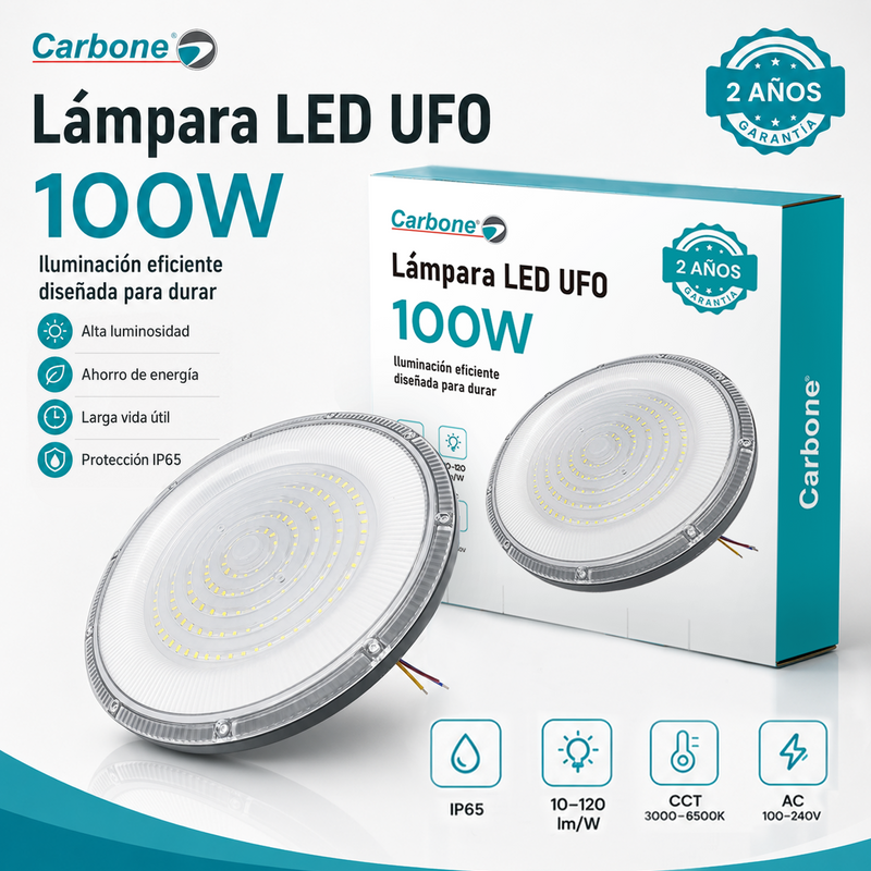 Lámpara LED UFO Industrial 100W IP65 3000K-6500K Para Bodega Galera Taller Comercio Y Centros Comerciales (360x290x76mm). Color Gris