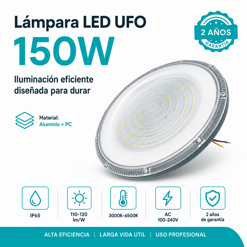 Lámpara LED UFO Industrial 150W IP65 3000K-6500K Para Bodega Galera Taller Comercio Y Centros Comerciales (425x310x76mm)