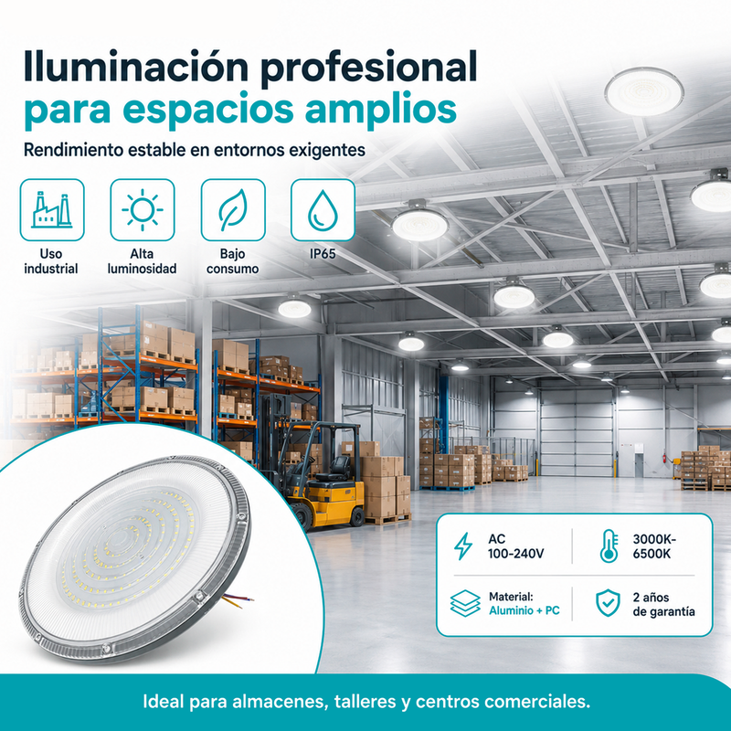 Lámpara LED UFO Industrial 150W IP65 3000K-6500K Para Bodega Galera Taller Comercio Y Centros Comerciales (425x310x76mm)