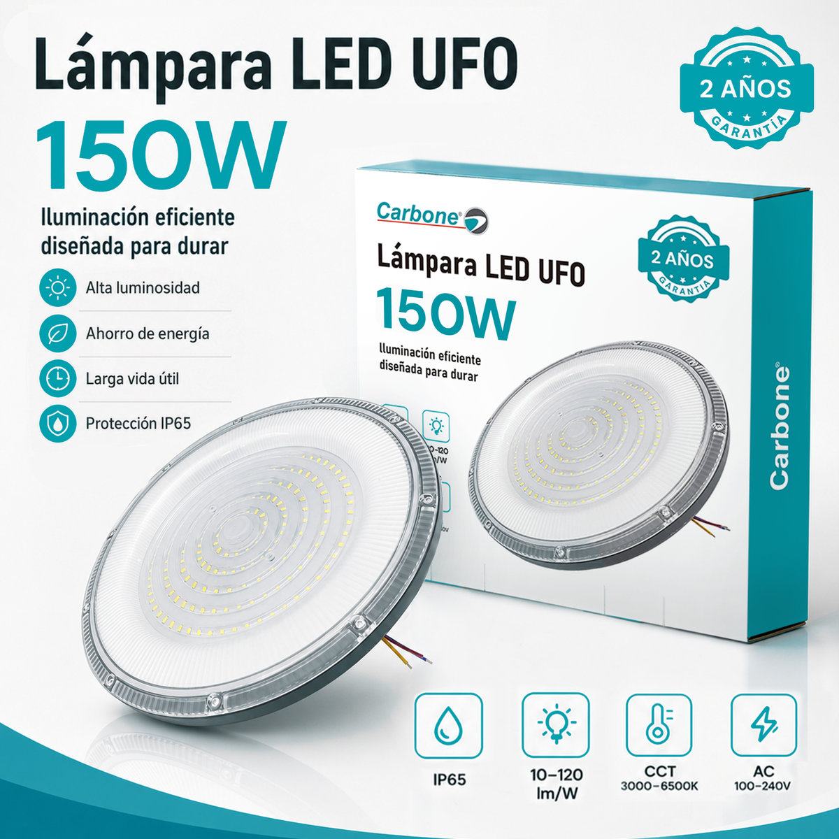 Lámpara LED UFO Industrial 150W IP65 3000K-6500K Para Bodega Galera Taller Comercio Y Centros Comerciales (425x310x76mm)