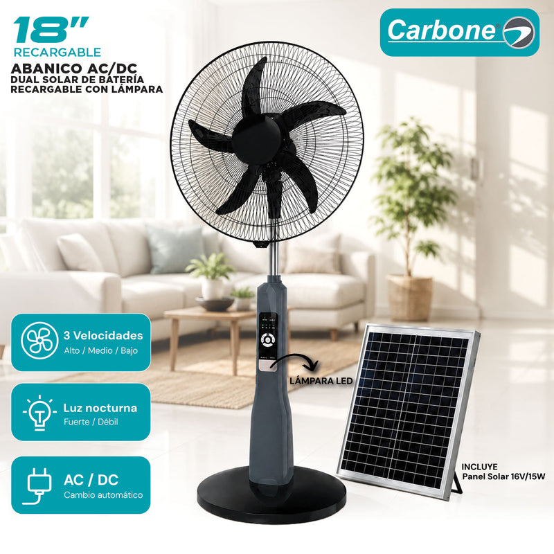 Abanico Solar de Pedestal Carbone de 18" Recargable AC/DC. Ventilador de 3 Velocidades con Lámpara LED y Batería 12V 4.5Ah