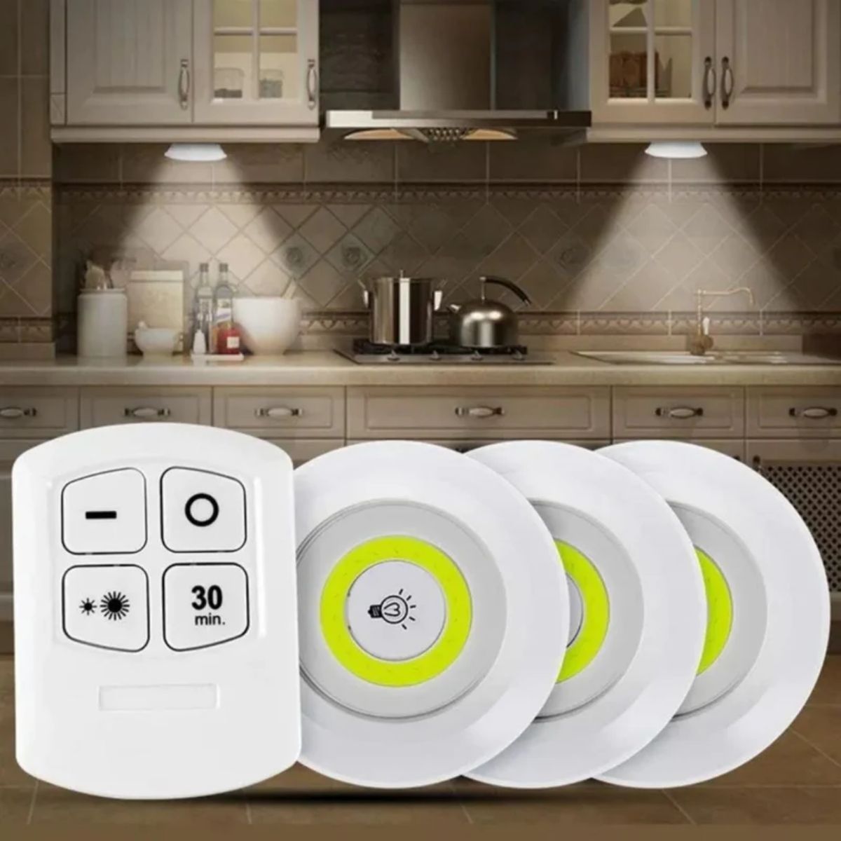 Luz Adhesiva Con Control Remoto (Set de 3 piezas). Iluminación cálida COB Regulable con Temporizador.