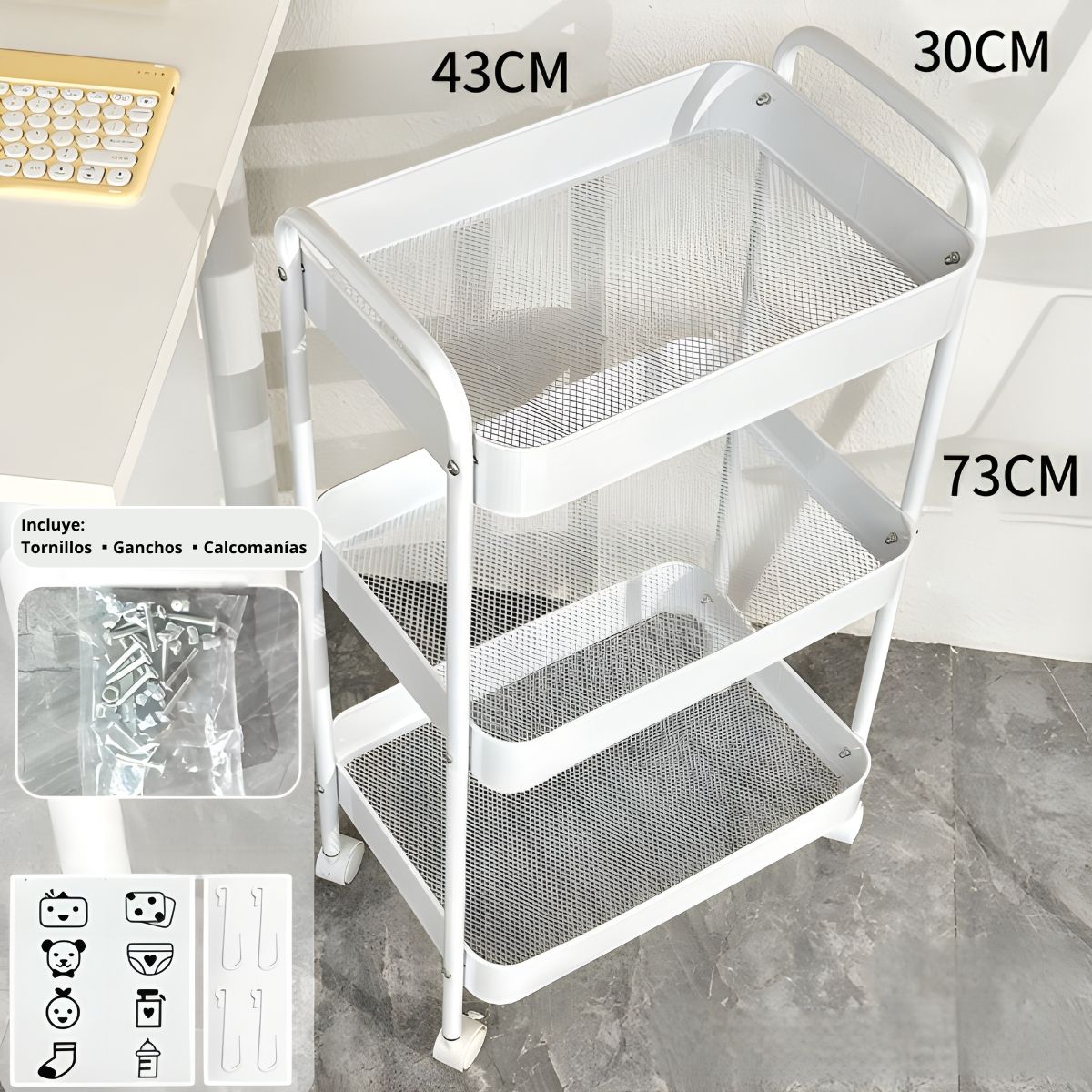 Carrito Organizador Metálico De 3 Niveles 17x12x 28” (43x30x73Cm) Carrito Auxiliar Multifuncional Para Hogar, Oficina, Cocina Y Baño. Color Blanco