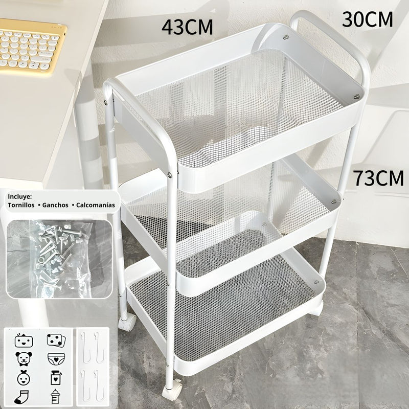 Carrito Organizador Metálico De 3 Niveles 17x12x 28” (43x30x73Cm) Carrito Auxiliar Multifuncional Para Hogar, Oficina, Cocina Y Baño. Color Blanco