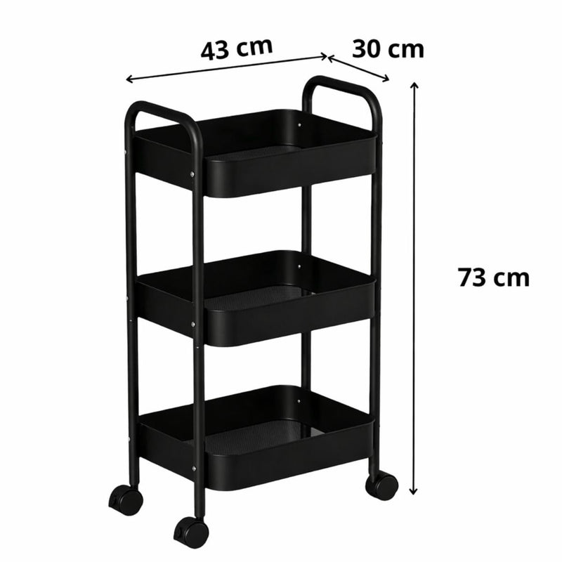 Carrito Organizador Metálico De 3 Niveles 17x12x 28” (43x30x73Cm) Carrito Auxiliar Multifuncional Para Hogar, Oficina, Cocina Y Baño. Color Negro