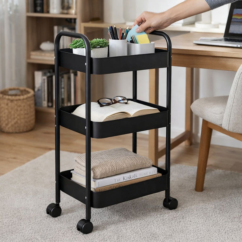 Carrito Organizador Metálico De 3 Niveles 17x12x 28” (43x30x73Cm) Carrito Auxiliar Multifuncional Para Hogar, Oficina, Cocina Y Baño. Color Negro