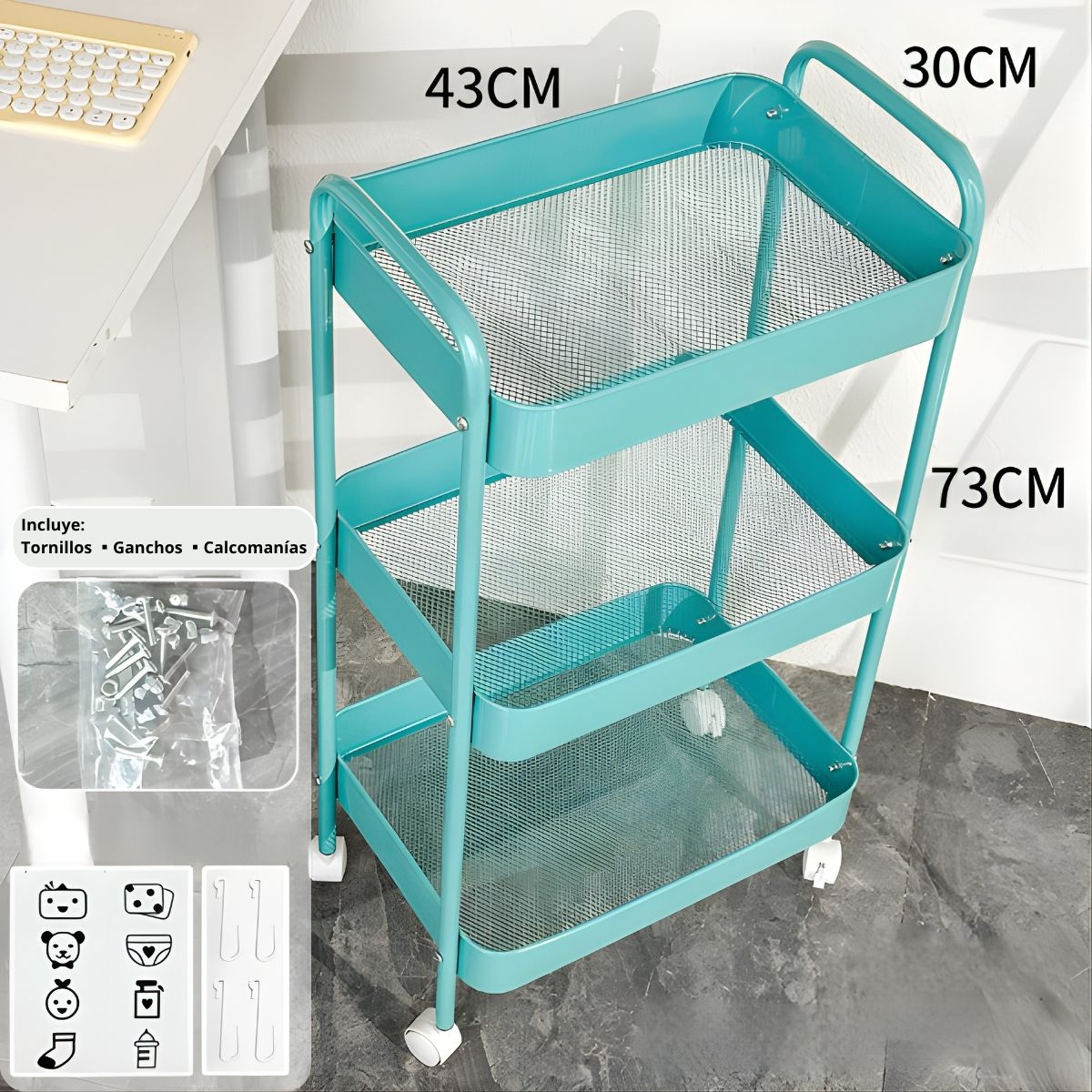 Carrito Organizador Metálico De 3 Niveles 17x12x28” (43x30x73Cm) Carrito Auxiliar Multifuncional Para Hogar, Oficina, Cocina Y Baño. Color Celeste