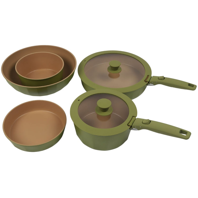 Ollas y Sartenes de cocina antiadherente con Mango Desmontable  9 piezas de aluminio. Sartenes, wok y cacerolas con tapas. Set de Cocina