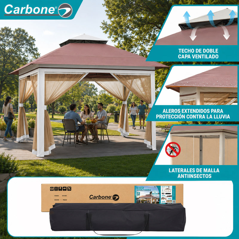 Gazebo toldo Plegable 4x4M con Malla Antimosquitos e Iluminación Cálida solar. Tolda para Exteriores.
