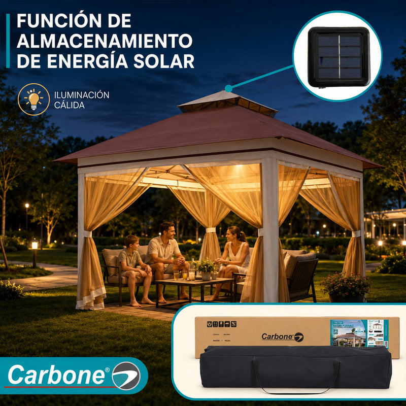 Gazebo toldo Plegable 4x4M con Malla Antimosquitos e Iluminación Cálida solar. Tolda para Exteriores.