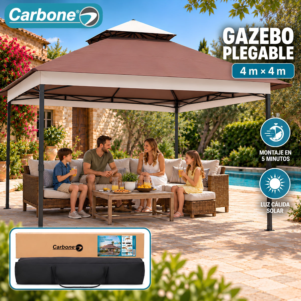 Gazebo Toldo Plegable 4x4M con Techo De Doble capa Ventilado y Bolsa de Transporte. Tolda para Exteriores.
