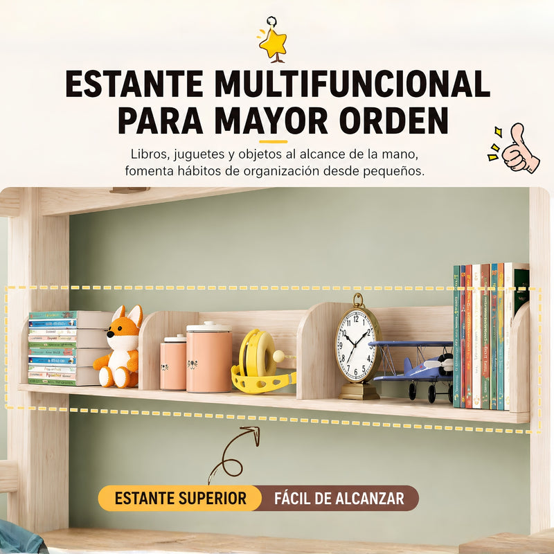 Litera Infantil Camarote Madera Maciza Twin Escalera y Cajones. Cama Barandal de Seguridad, Estantes y Base Reforzada. No incluye colchones (viene desarmado cliente debe ensamblar)