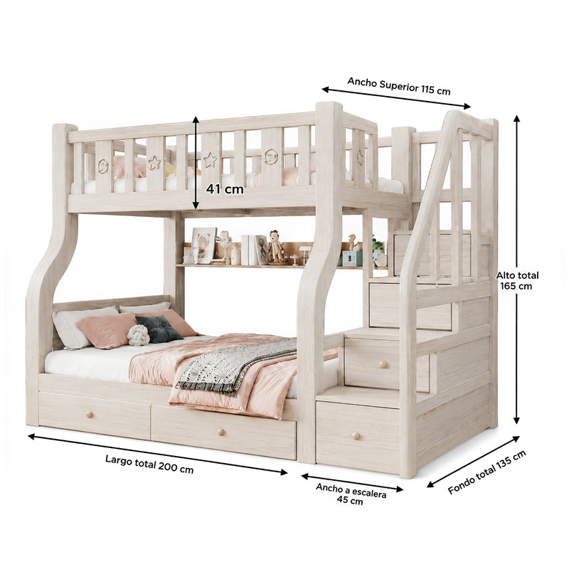 Litera Infantil Camarote Madera Maciza Twin Escalera y Cajones. Cama Barandal de Seguridad, Estantes y Base Reforzada. No incluye colchones (viene desarmado cliente debe ensamblar)
