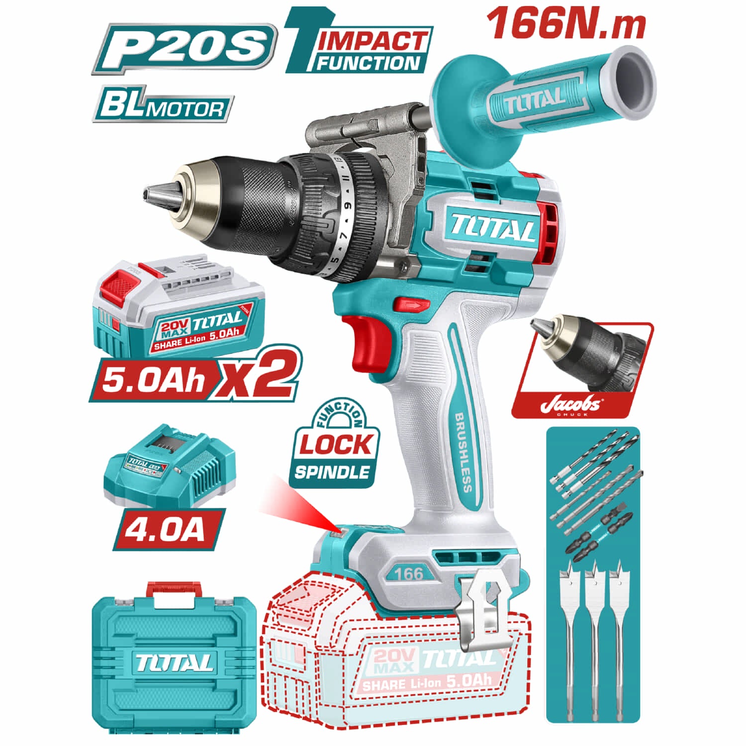 Drill Taladro Inalámbrico 166 Nm 20V Función De Impacto. Motor sin escobillas. Incluye Batería, Cargador y accesorios.