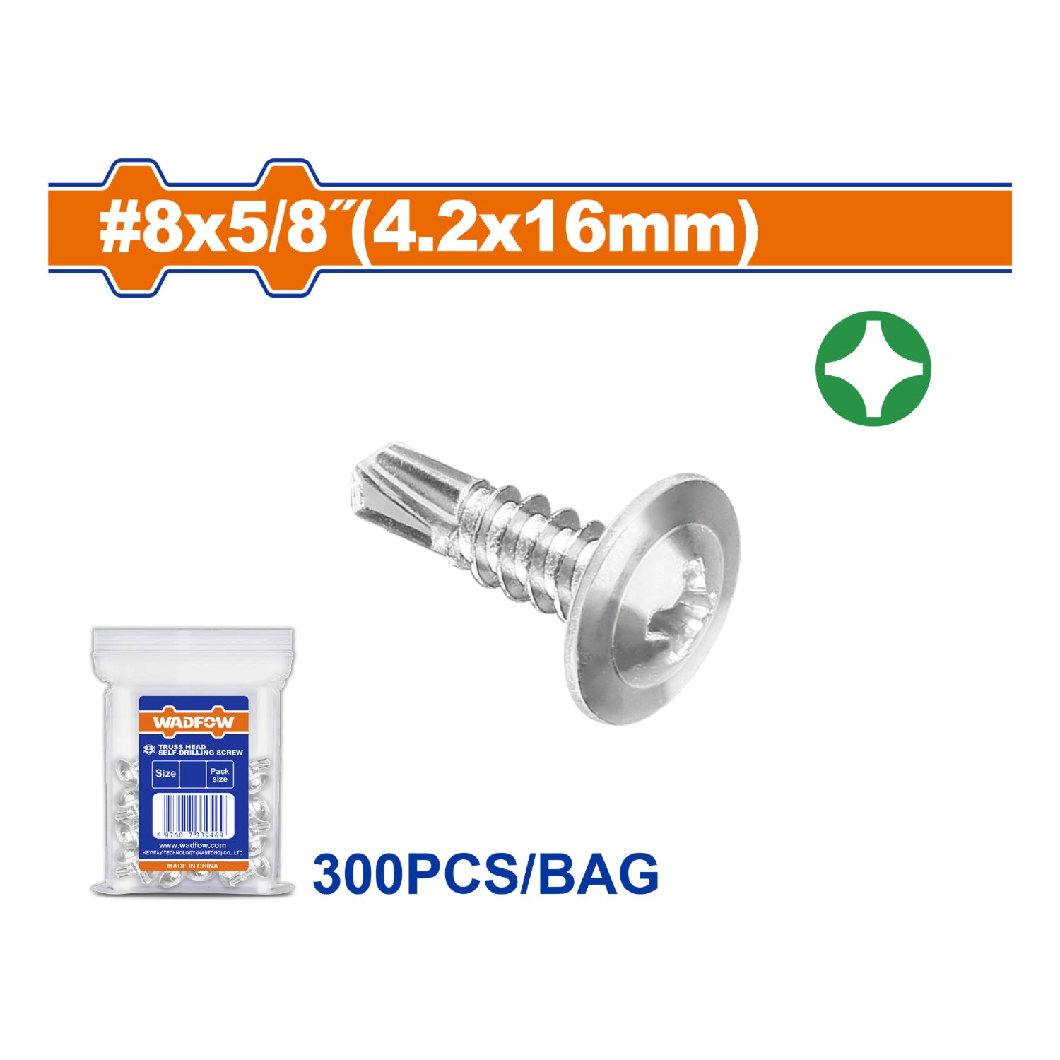 Tornillos punta broca #8x5/8" Phillips Cabeza Truss. Acabado Zinc. Para perforar. (300 piezas)