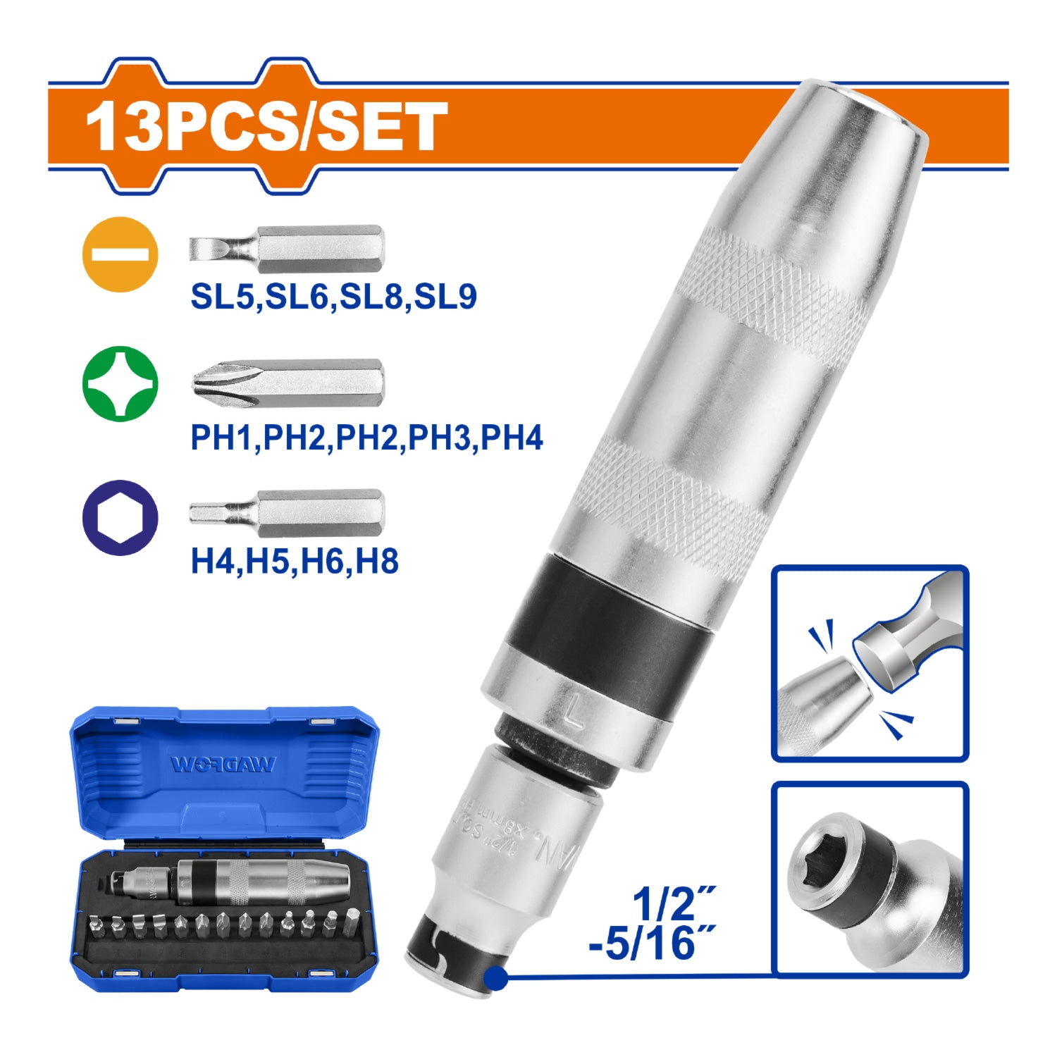 Destornillador de Impacto 13 piezas. Cr-V. Tratamiento térmico. Incluye: Adaptador y puntas.