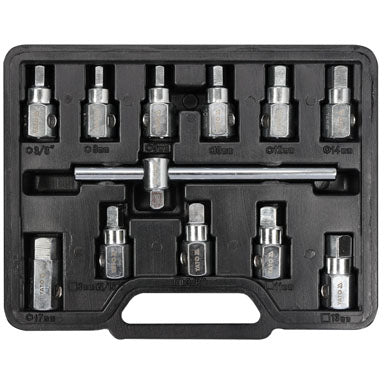 Juego de tapones de drenaje de aceite. Set de 12 piezas. Hex: 8, 9, 10, 12, 14, 17mm & 3/8" Cuadrado: 8, 11, 13mm & 3/8".