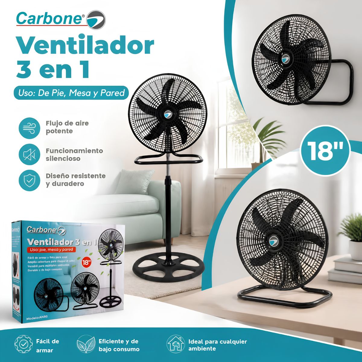 Abanico 3 en 1 de Pedestal 18" Negro 110V 50-60W con 3 Velocidades e Interruptor Desmontable. Ventilador Altura Ajustable 57-127 cm