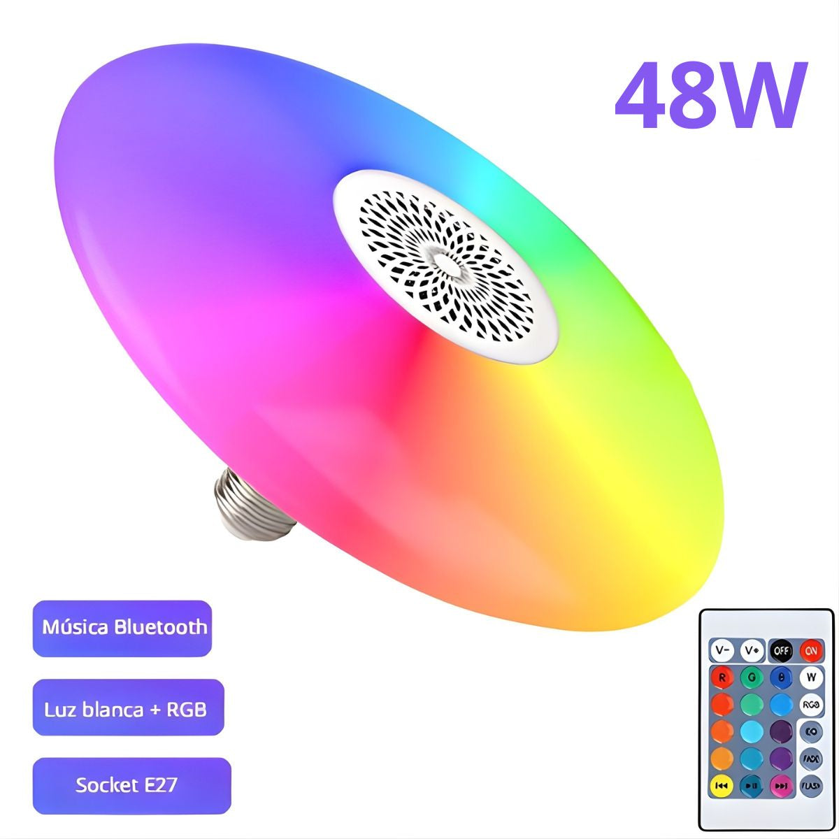 Foco LED RGB Y Luz Blanca 6500K Bluetooth Con Bocina. Lámpara Socket E27 Con Control Remoto. Bombillo Para Salas, Habitaciones, Gamers 48W 11.8" (30CM)