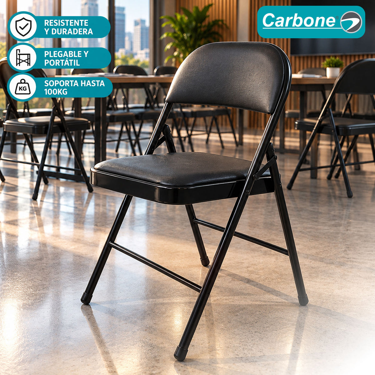 Silla Plegable Carbone Negra Acolchada de Acero con Cuero Sintético Portátil para Hogar, Oficina, Eventos y Negocios (46x46x79cm).