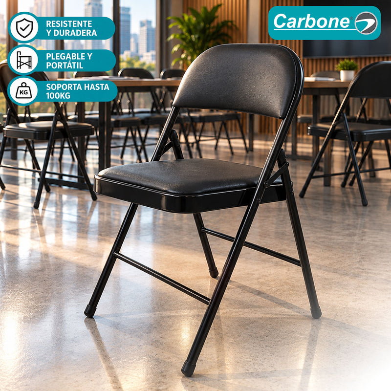 Silla Plegable Carbone Negra Acolchada de Acero con Cuero Sintético Portátil para Hogar, Oficina, Eventos y Negocios (46x46x79cm).