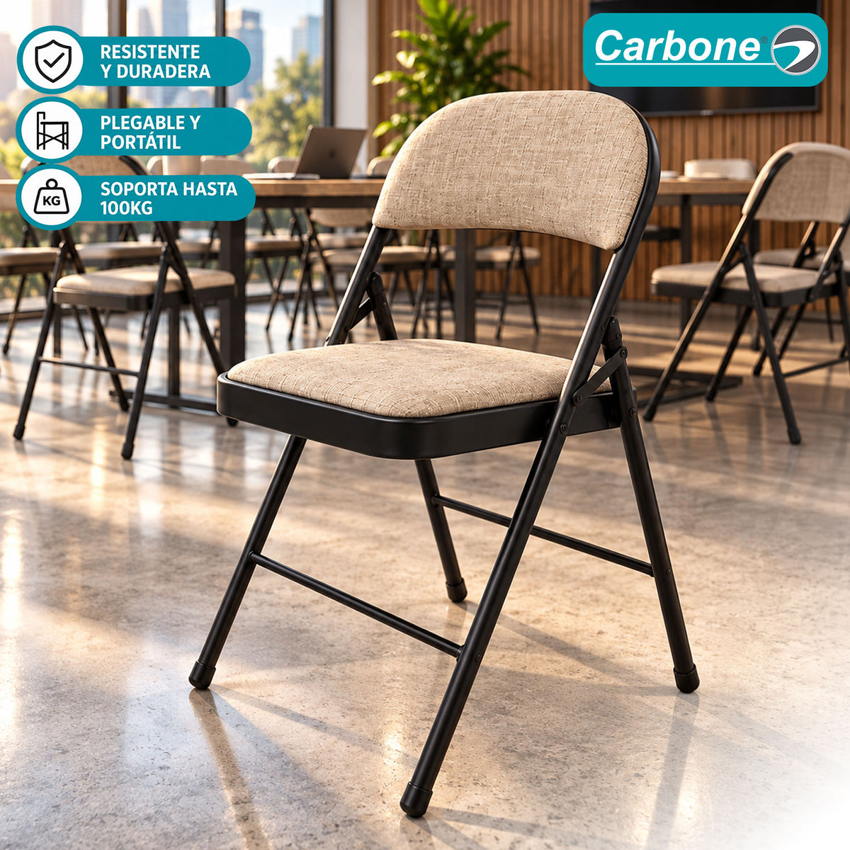 Silla Plegable Carbone Beige Acolchada de Acero con Tejido Tipo Lino Portátil para Hogar, Oficina, Eventos y Negocios (46x46x79cm)