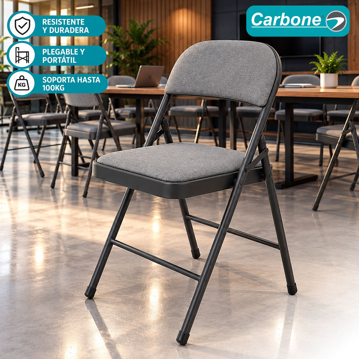 Silla Plegable Carbone Gris Acolchada de Acero con Tejido Tipo Lino Portátil para Hogar, Oficina, Eventos y Negocios (46x 46x79 cm)