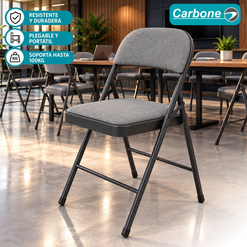 Silla Plegable Carbone Gris Acolchada de Acero con Tejido Tipo Lino Portátil para Hogar, Oficina, Eventos y Negocios (46x 46x79 cm)