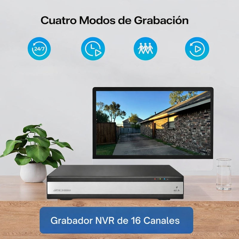 Cámaras de Seguridad PoE 16ch 4K/8.0MP (Set de 16) con NVR 16 Canales. Sistema de Viligancia con Visión Nocturna 30m, Detección Humana y Vehicular, Audio Bidireccional