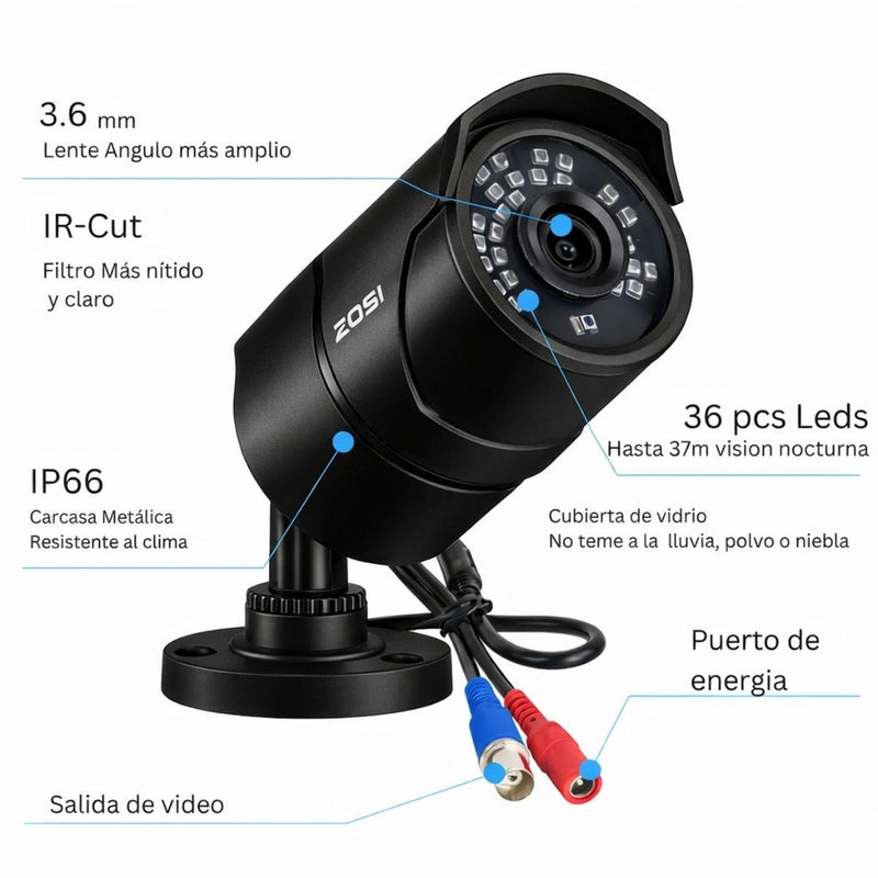 Cámara de Seguridad 1080P 4 en 1 TVI AHD CVI CVBS con Lente 3.6mm IR Cut y  Visión Nocturna 30m. Carcasa Metálica IP66. Color Negro