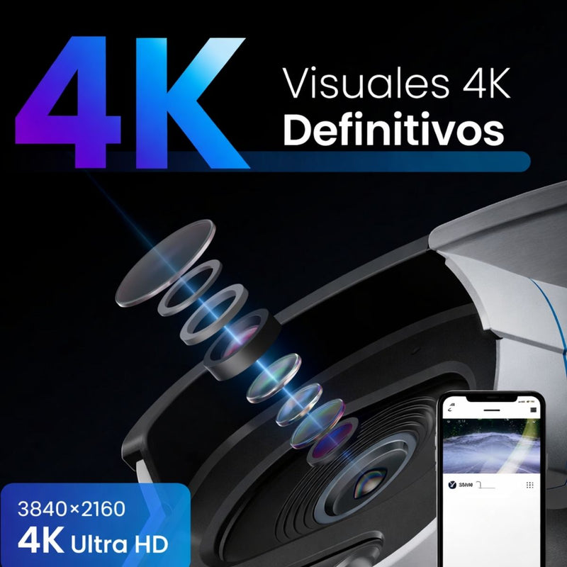 Cámara de Seguridad Exterior 4K 8MP WiFi Doble Banda 2.4/5GHz con Visión Nocturna a Color, Detección IA Personas/Vehículos y Audio Bidireccional