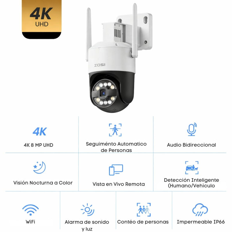 Cámara de Seguridad WiFi PTZ  4K IP66 con Giro 355°/140° y  Zoom Digital. Cámara de Videovigilancia con Visión Nocturna 30m a Color, Detección IA y Audio Bidireccional