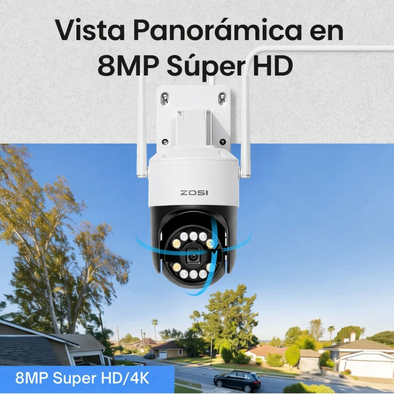 Cámara de Seguridad WiFi PTZ  4K IP66 con Giro 355°/140° y  Zoom Digital. Cámara de Videovigilancia con Visión Nocturna 30m a Color, Detección IA y Audio Bidireccional