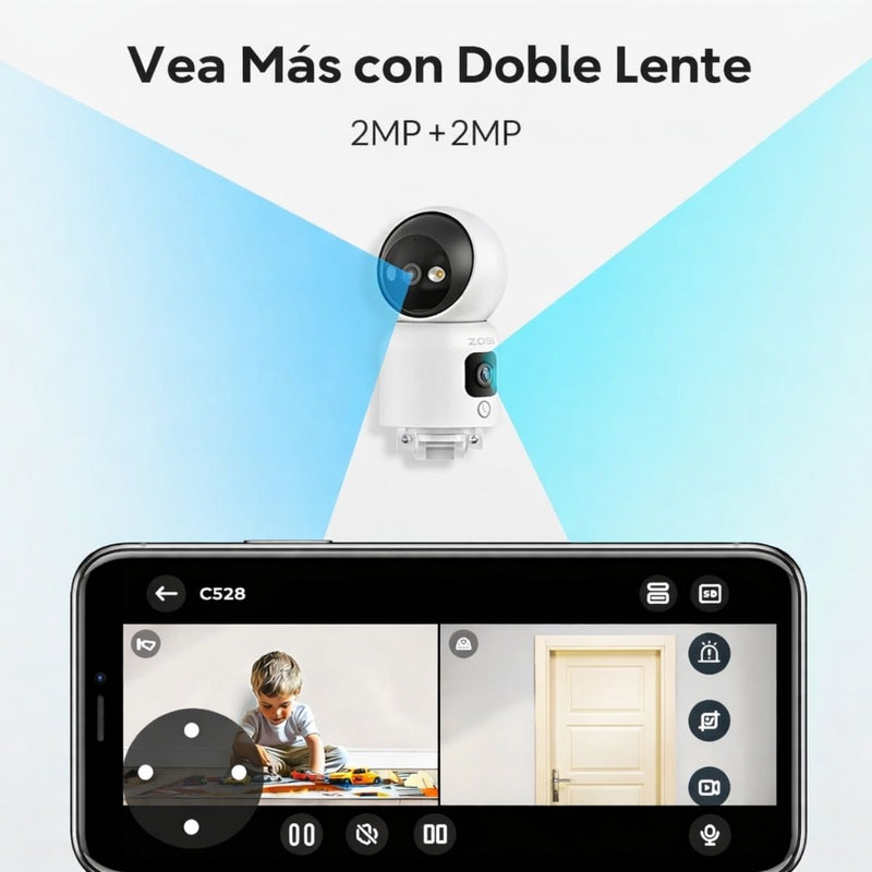 Cámara de Seguridad WiFi Doble Lente 2MP+2MP 360° con IR Cut 4mm y Seguimiento Automático. Camara de Videovilancia con Llamada por Gesto y Botón y Visión Nocturna 10m.